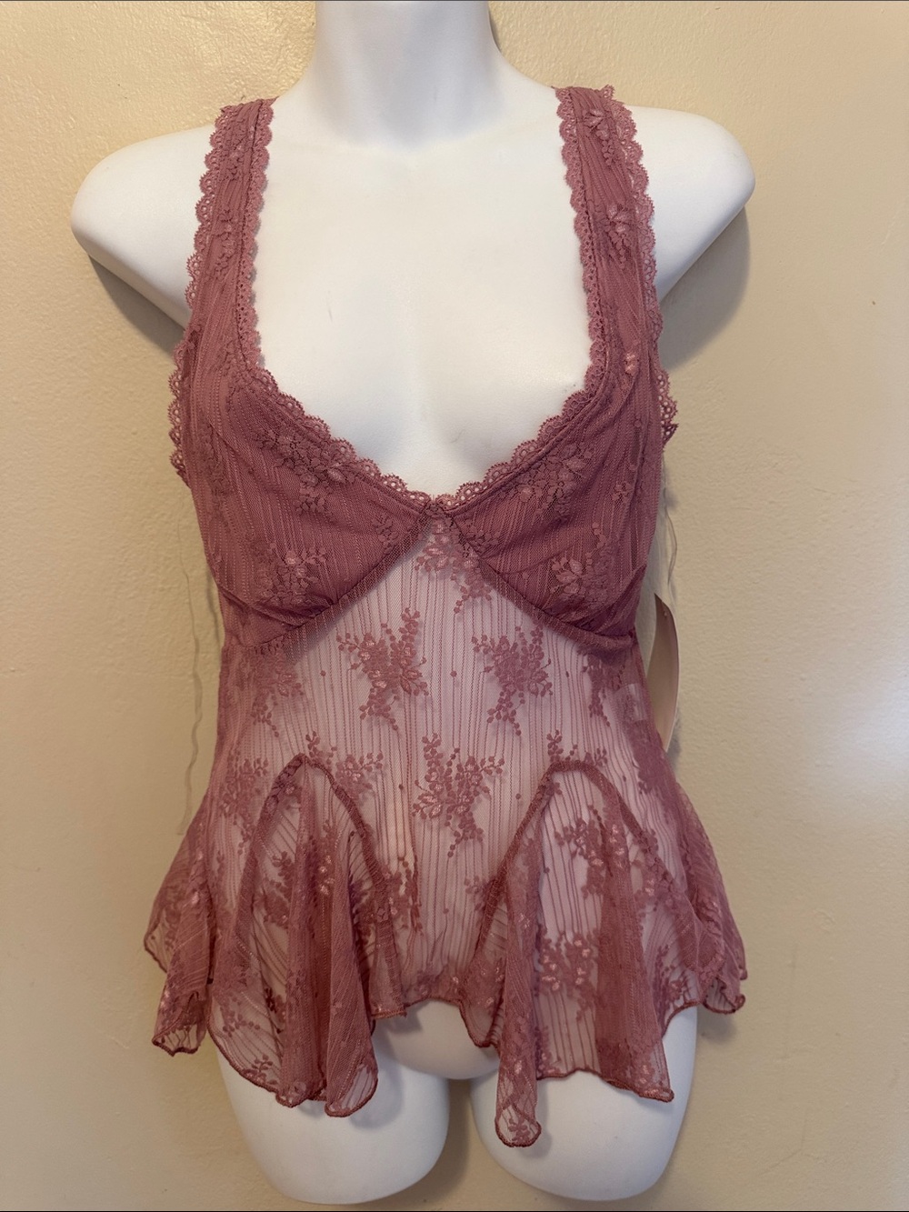 Lace-Trim Sheer Babydoll Tank in Dusty Rose